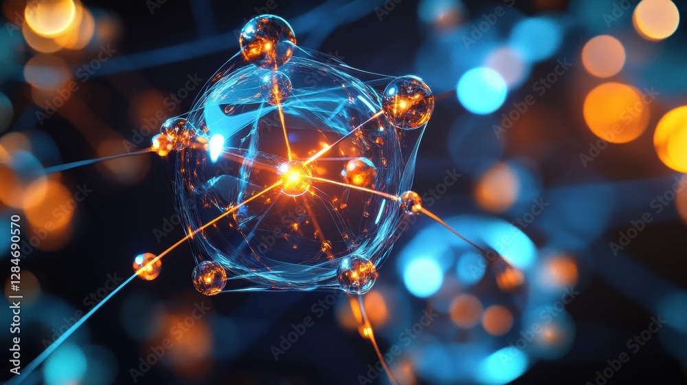 Fototapete Visualization of gas molecules in motion with glowing atomic structures in a vibrant setting. Generative AI