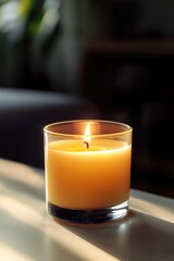 A lit candle on a table, with warm ambient lighting and soft focus.