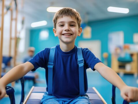 A young boy smiling in a gym, wearing a blue shirt and denim overalls. He is leaning on resistance bands or weights with his arms outstretched.
