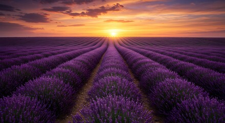 Fototapeta premium Golden Sunset Over a Field of Purple Flowers: Captivating and Serene Landscape with Dreamy Light Flares and Warm Colors