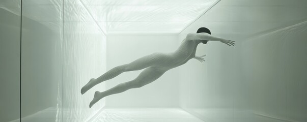 Abstract art of human figure swimming in minimalist white space
