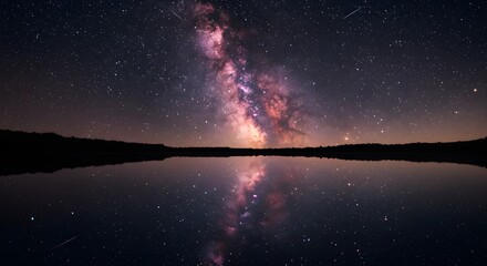 Night Sky Wonders: Milky Way Galaxy Reflecting in Calm Water with Shooting Stars Over a Serene Landscape
