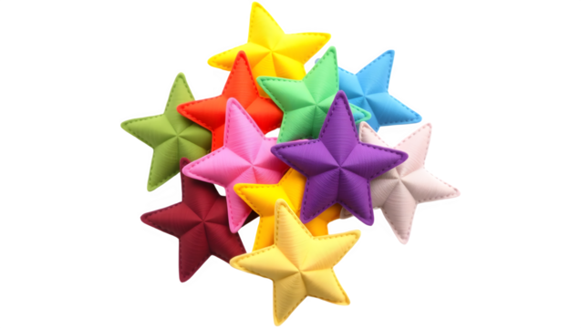 A colorful arrangement of star-shaped objects in various hues, showcasing a playful and vibrant design.
