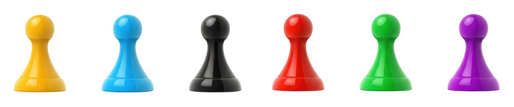 Set collection of board game counters pawns yellow, black, blue, red, purple, green isolated PNG file on transparent white background. Games board pawns graphic resource icon symbol