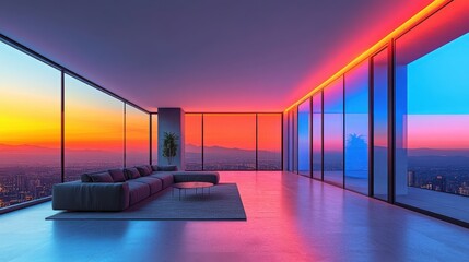 Modern Living Room with Colorful Sunset View Over Cityscape
