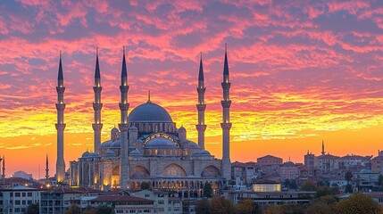 Fototapeta premium Stunning Sunset Over Historic Mosque with Minarets and Colorful Sky in Istanbul, Turkey