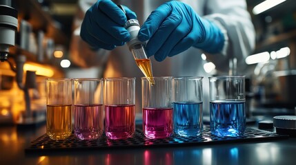 Lab technician adding liquid to beakers filled with colored solutions in a laboratory