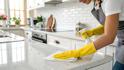 cleaning bathroom with yellow gloves and white cloth