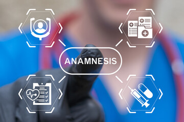 Doctor using virtual touch screen push button with text: ANAMNESIS. Patient Anamnesis Disease Medical History Online Healthcare Service Concept. Anamnesis for diagnosis and treatment.