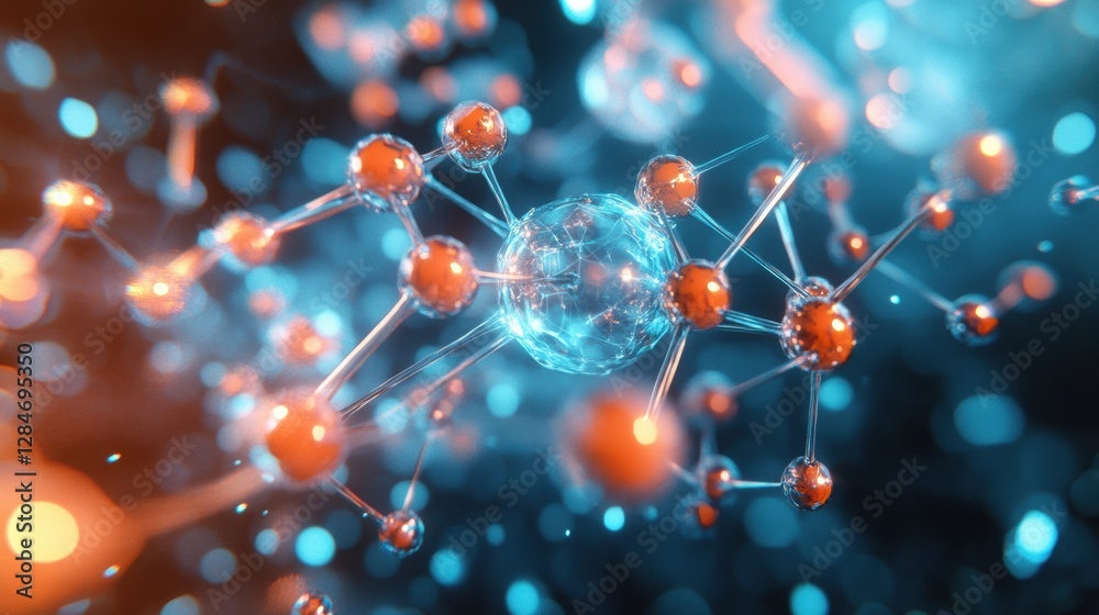 Poster visualization of gas molecules in motion showcasing glowing atomic structures and interactions in a 