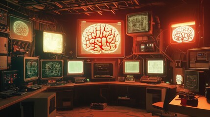Retro Futuristic Brainwave Control Room: 80s Tech and Neural Networks
