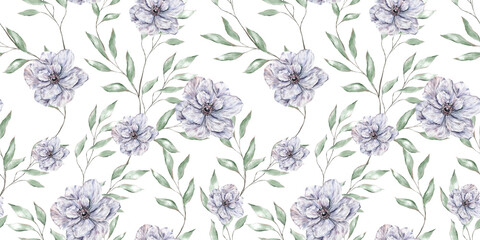 Watercolor floral pattern for textile design, wrapping paper. Green leaves tree branches and white anemone flowers, wedding design, romantic ornament, floral botanical hand drawn illustration