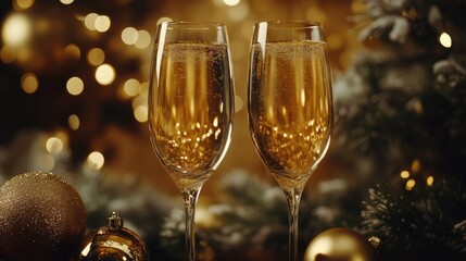 Two glasses of champagne for a toast, with Christmas lights in the background.