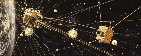 Spacecraft array with solar panels and antennas orbiting earth in the vast cosmic background