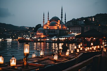 Obraz premium Illuminated Mosque by the Water at Dusk with Lanterns and Reflection in Istanbul Cityscape