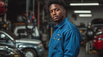 A young African American male mechanic poses confidently in a workshop, showcasing his professional attire and a focused expression amidst an automotive background.