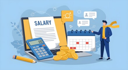 A person stands next to a laptop displaying a salary document, a calendar, a calculator, and coins, illustrating salary management and financial planning.