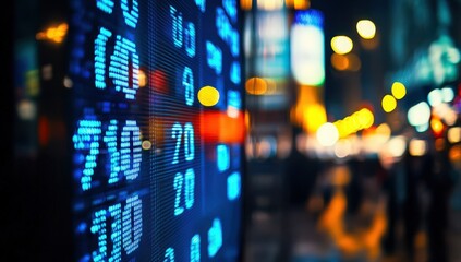Vibrant blue digits illuminate a stock ticker at night, a captivating display of financial data against a blurred city backdrop.  The scene is energetic and dynamic.