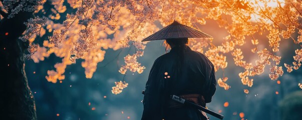 Samurai in traditional attire under blooming cherry blossoms at sunset