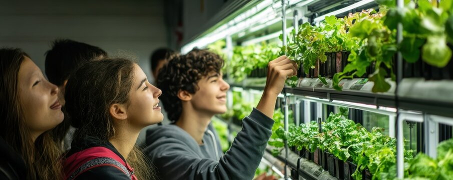 Group of young people tending indoor plants on shelves in an urban gardening setting
