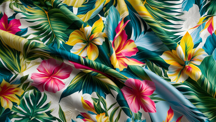 Vibrant and intricate seamless floral background featuring a beautiful, artistic, and bright tropical pattern reminiscent of an exotic forest, with colorful fabric flowers in varying shapes and sizes