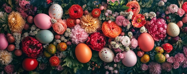 Colorful easter eggs and vibrant spring flowers in a festive arrangement