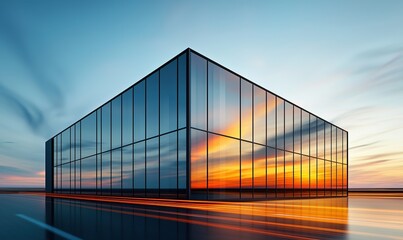 Modern office building in Poland illuminated by sunset with light streaks from passing cars