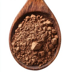 A wooden spoon overflowing with rich, dark cocoa powder. The deep brown tones and texture are beautifully captured against a bright white background.