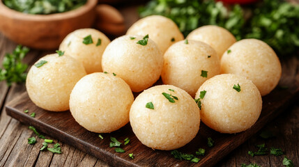 Closeup of Brazilian cheese bread pao de queijo on a plate on a table, symbolizing warmth, tradition, and comfort in Brazilian cuisine, highlighting the texture and deliciousness of the bread
