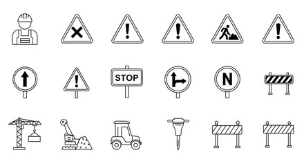 A collection of construction and safety signs, including warnings, directions, and equipment icons, displayed in a simple, monochrome design.