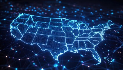 Digital map of the United States, showcasing interconnectedness and data flow across the nation. Glowing blue lines represent the network's intricate structure.