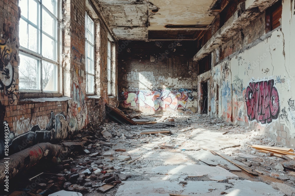 Poster ruined interior of a dilapidated building with cracked walls and graffiti in a desolate urban enviro
