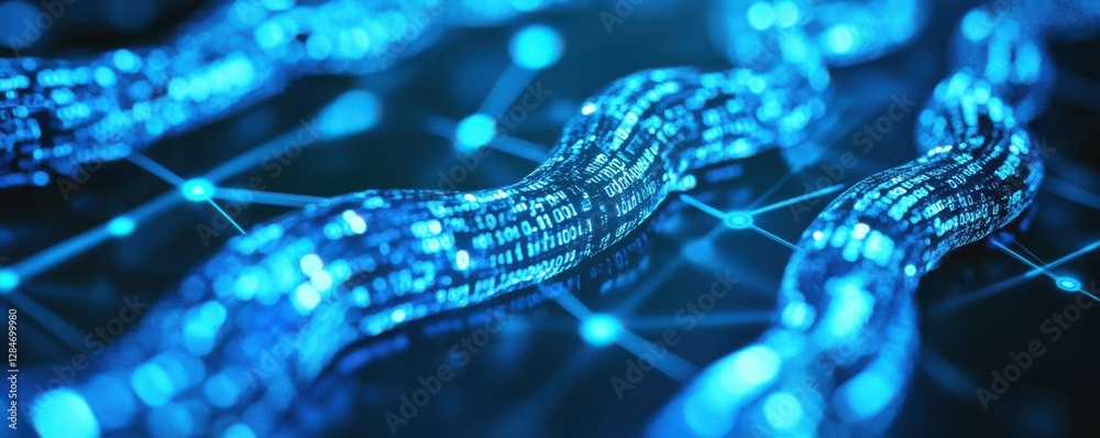 Wall mural digital blockchain network with glowing data streams