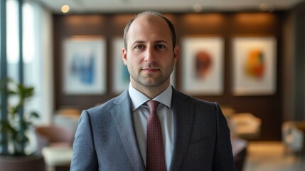 Fototapeta premium This portrait features a professional European man in his thirties, dressed in a stylish suit, standing confidently in a modern office environment.