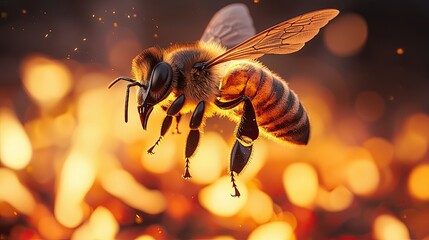 Fototapeta premium Bee in flight amidst glowing ember background nature macro photography vibrant environment close-up view pollination concept