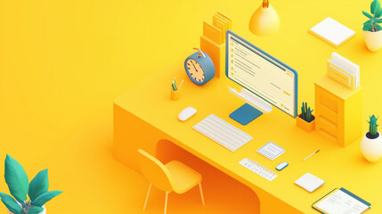 Bright Yellow Background Featuring an Attendance Time Card with Employee Details, Clock-In, Clock-Out, Overtime Hours, Month, Year, and Total Worked Hours, with Expansive Space for Promotional Text