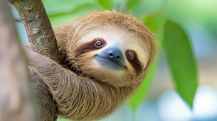 Fototapeta premium Cute sloth hanging on tree branch in rainforest. Wildlife photography for nature documentaries