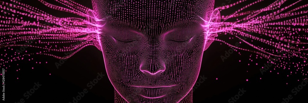 Poster Human face outline transforming into binary code stream illustrating futuristic AI concept. Generative AI