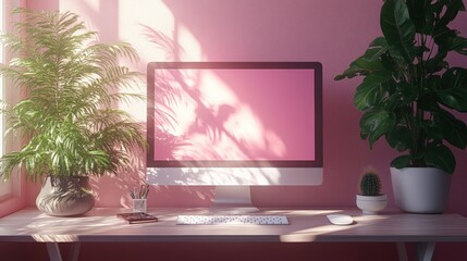 Cozy Workspace with Computer and Lush Green Plants in Sunlit Room
