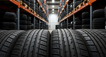 A warehouse filled with neatly stacked tire inventory, showcasing a perspective view of tires in the foreground against a backdrop of shelves.