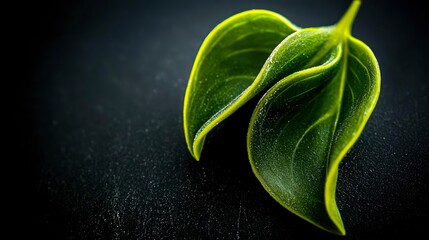 Obraz premium Close-up of Two Vibrant Green Leaves on Dark Background