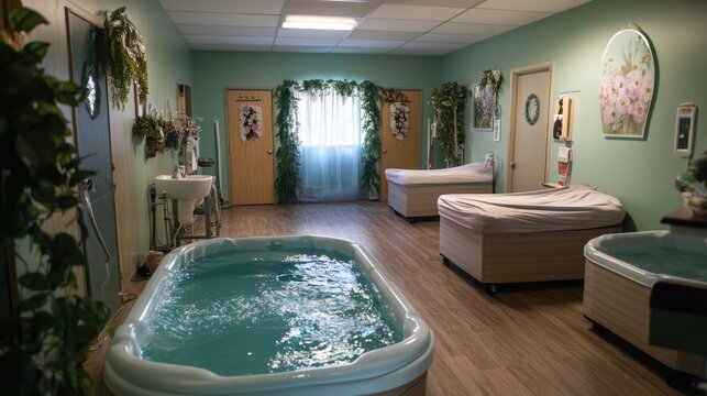 Spa-like birthing suite with teal birthing tub, calming decor, and natural light.
