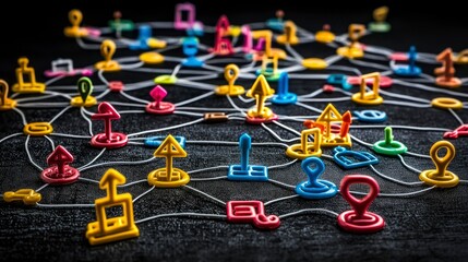 Global Network Connection Interconnected Colorful Markers on a Dark Background