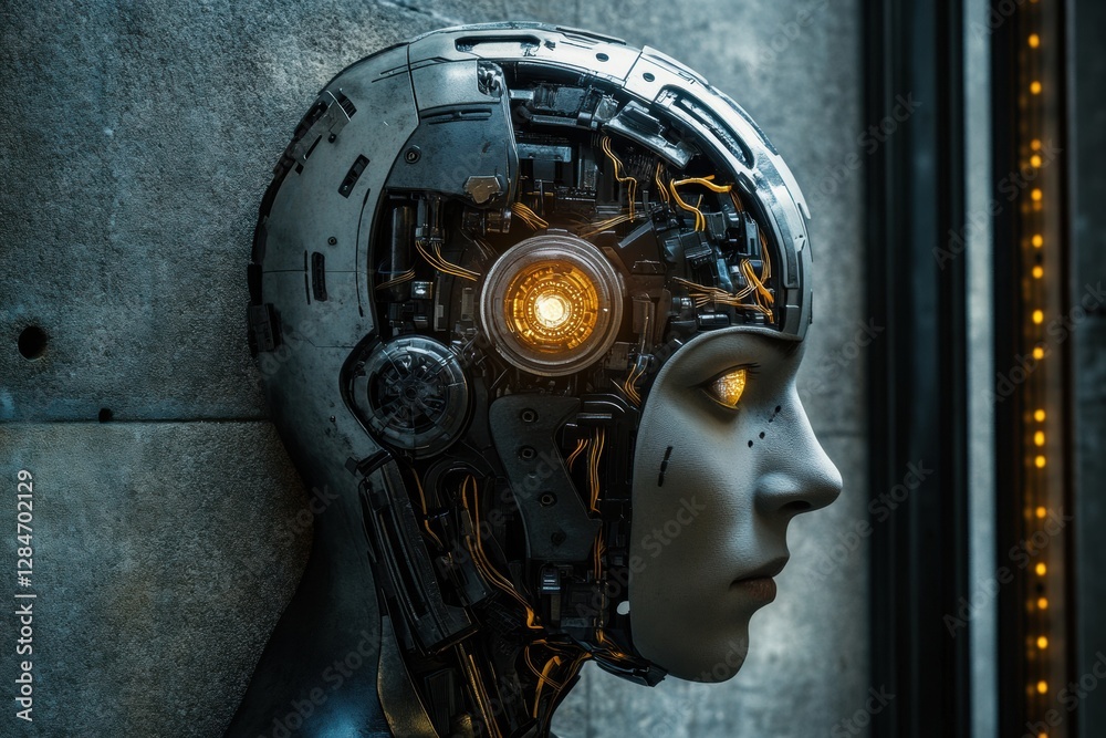 Aufkleber side profile of a futuristic cyborg head with glowing robotic eye and intricate mechanical structure