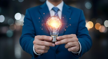 A businessman holds a glowing light bulb, symbolizing innovation and bright ideas, surrounded by a blurred background that suggests a modern environment.