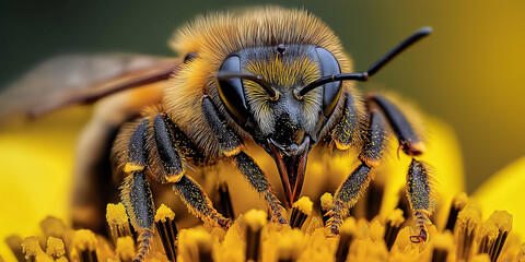 Honey bee pollinating yellow flower close up macro photography