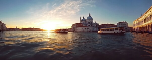 Fototapeta premium Sunset over grand canal with boats and santa maria della salute basilica in venice