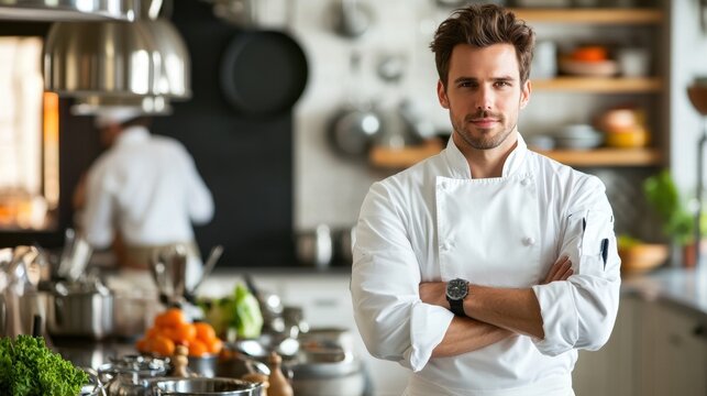 A confident young European male chef stands in a modern kitchen, showcasing his skills and passion for culinary arts. The atmosphere is vibrant and inviting.
