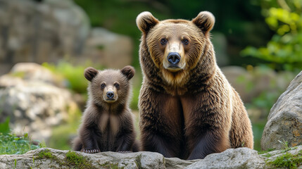 Fototapeta premium In a tranquil natural setting, a mother bear and her curious cub explore their surroundings. Sunlight filters through the trees, highlighting their furry coats as they bond
