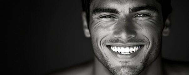 Close-up of a smiling young man with bright eyes and white teeth in monochrome portrait